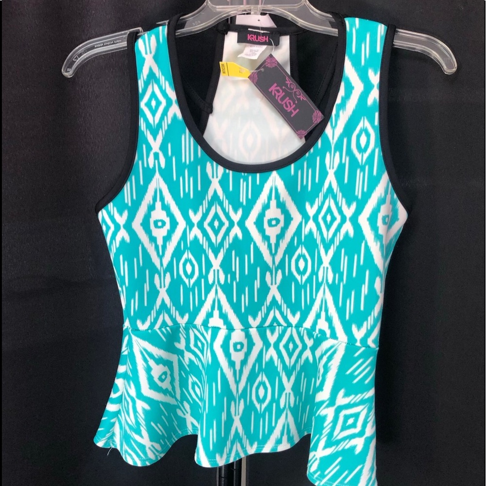 KRUSH sleeveless racer back teal graphic peplum blouse size M. NWT